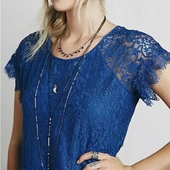 Free People Blue Stardust Lace Short Sleeve Mini Dress XS - Picture 6 of 6